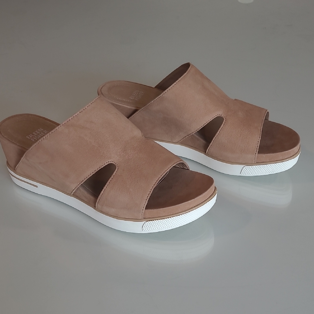 EUC Eileen Fisher Grand Platform Suede/Leather Neautral Cut Out Slip-on Sandal